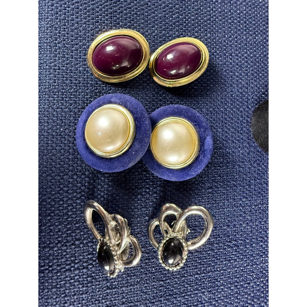 3 Pair Vintage Clip‑On Earrings Purple Cabochon, Pearl, & Silver Filigree Styles